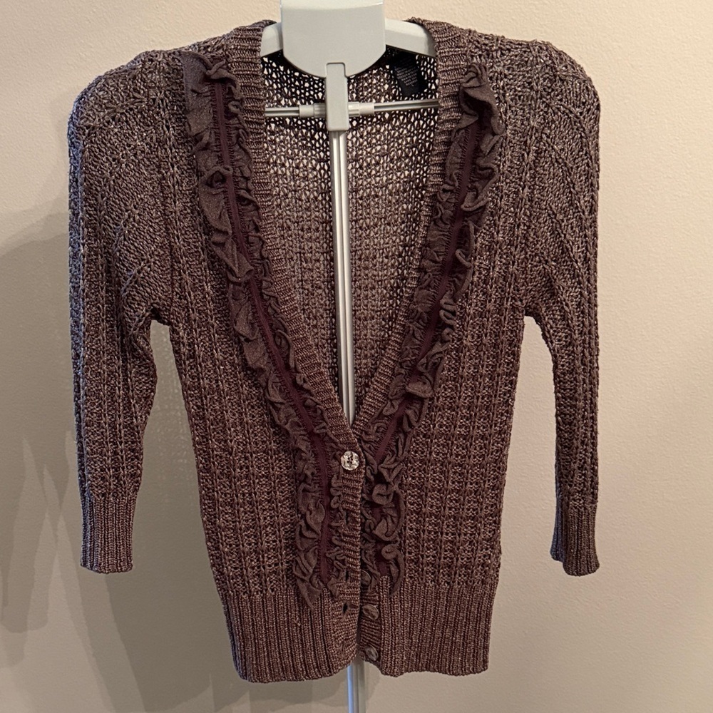 Elegant Brown Ruffled Cardigan Sweater